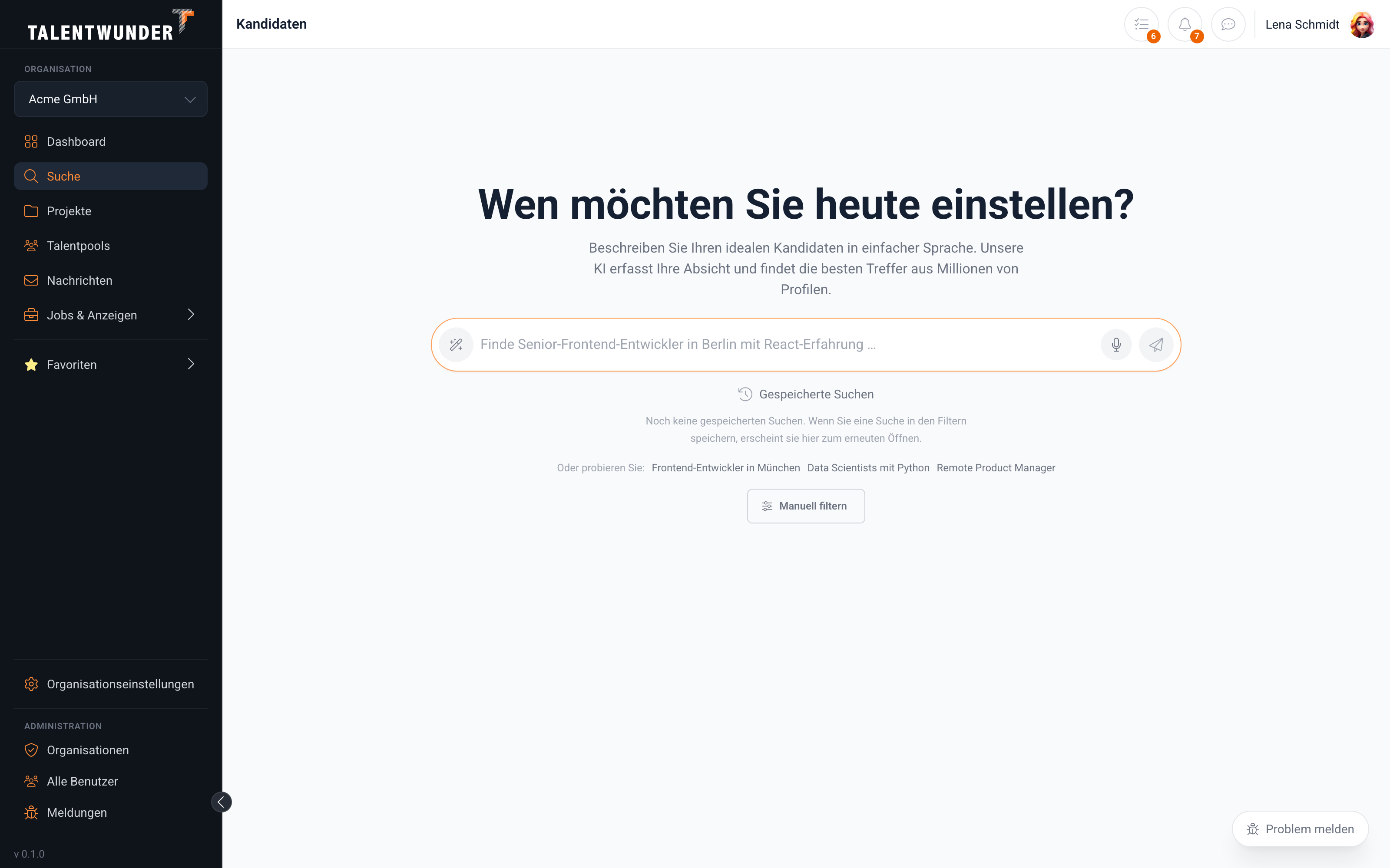 Talentwunder AI-Suche, leerer Eingabezustand mit der Aufforderung „Wen möchtest du heute einstellen?“.