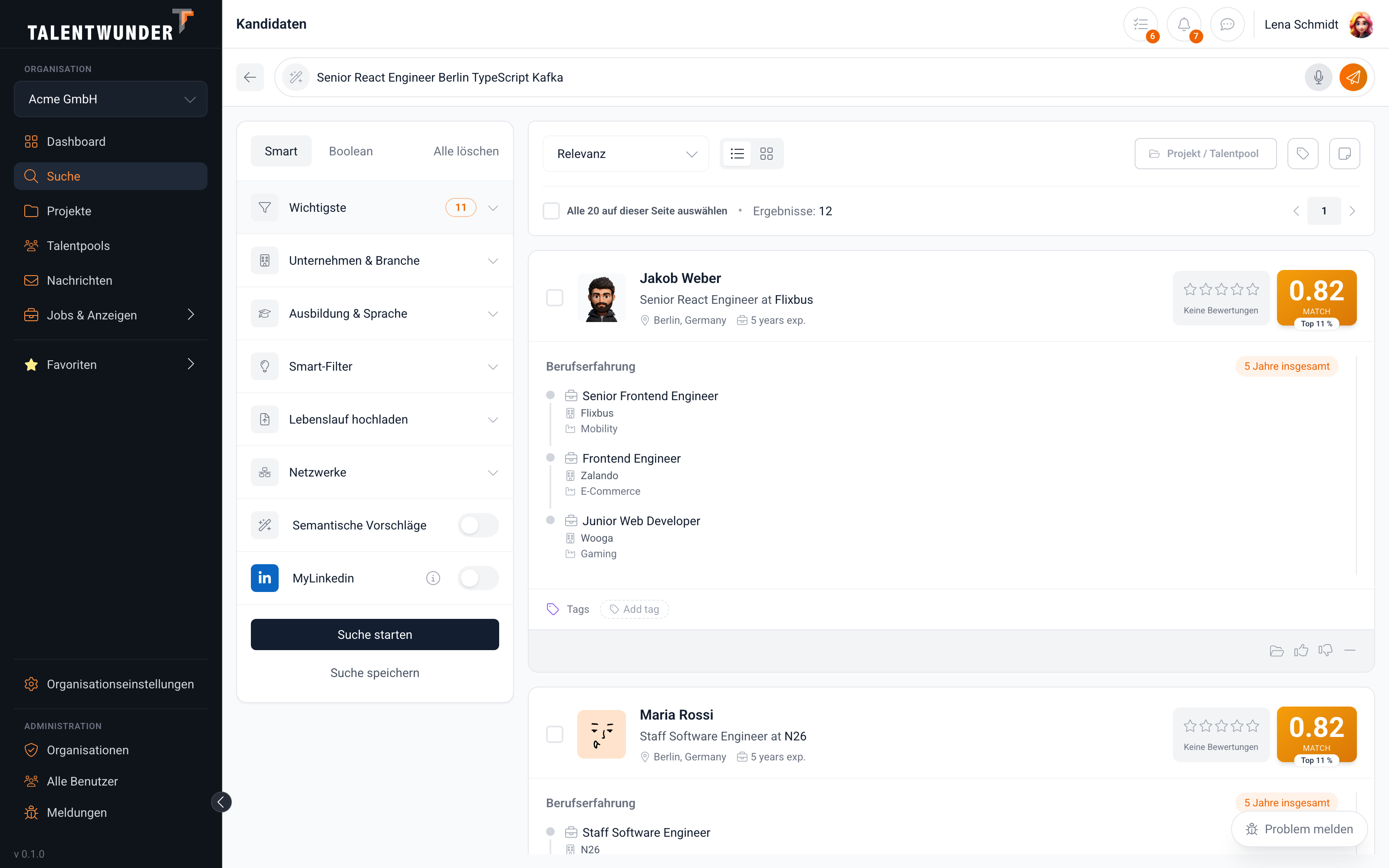 Suchergebnisseite mit ausgeklapptem Essential-Filter: Jobtitel, Standort und Skills, gefüllt aus der geparsten Anfrage.