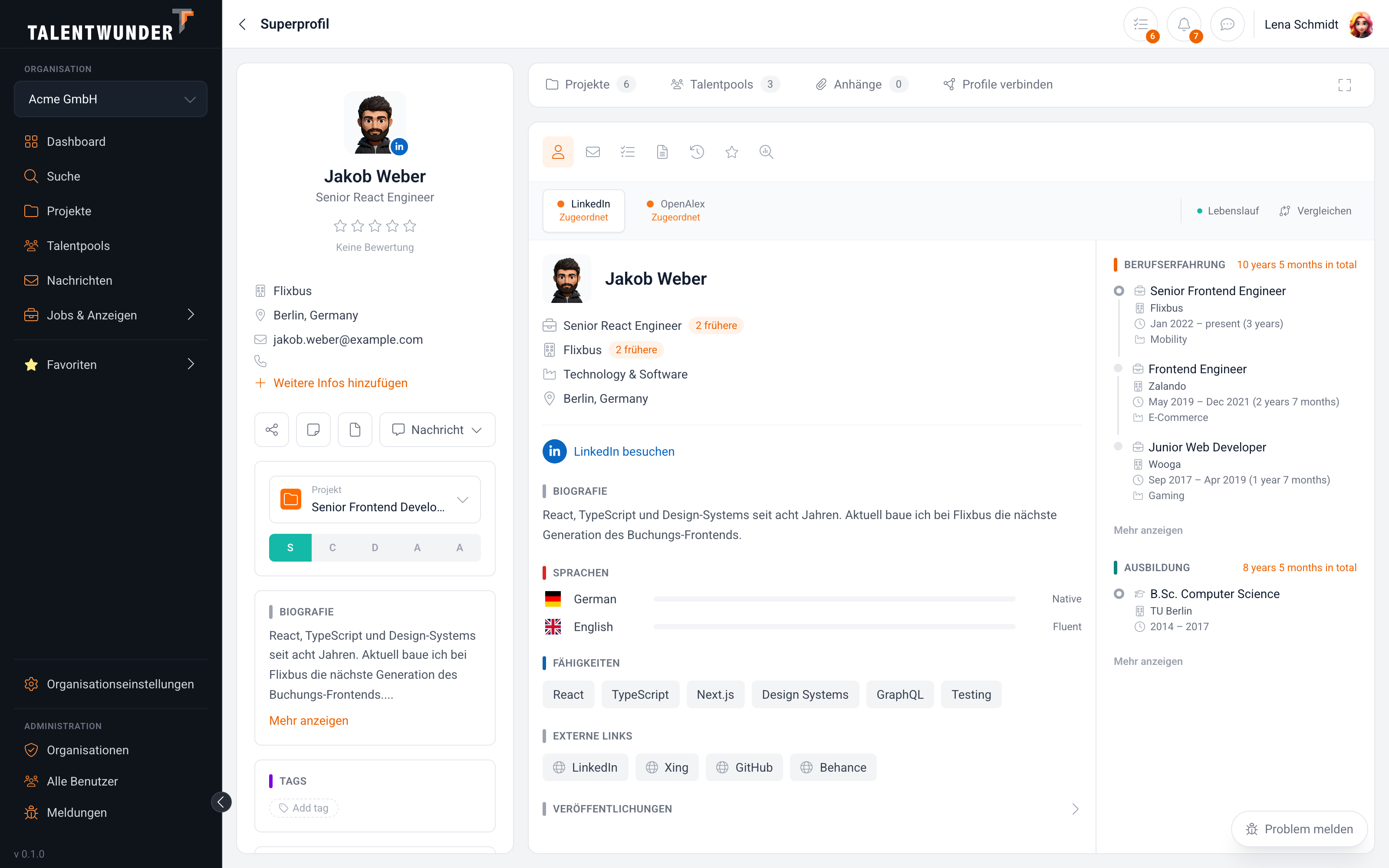 Super-Profile von Jakob Weber: LinkedIn, XING, Behance und GitHub als verbundene Quellen, Werdegang, Sprachen und Skills.