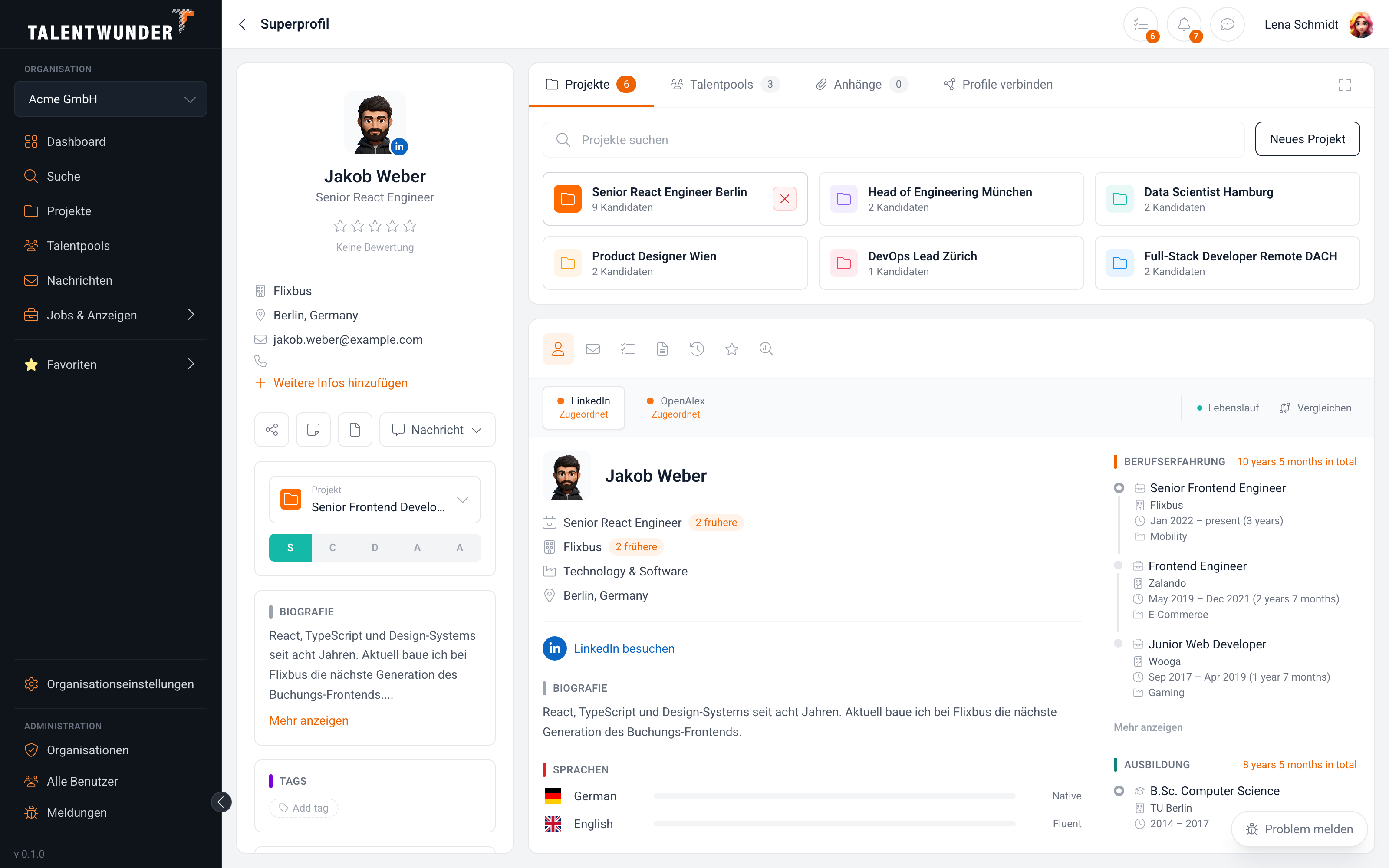 Super-Profile mit geöffnetem Projects-Tab: Senior React Engineer Berlin ist hinzugefügt, das Ordner-Symbol leuchtet vollflächig orange und der Aktionsbutton zeigt das rote Entfernen-Icon.